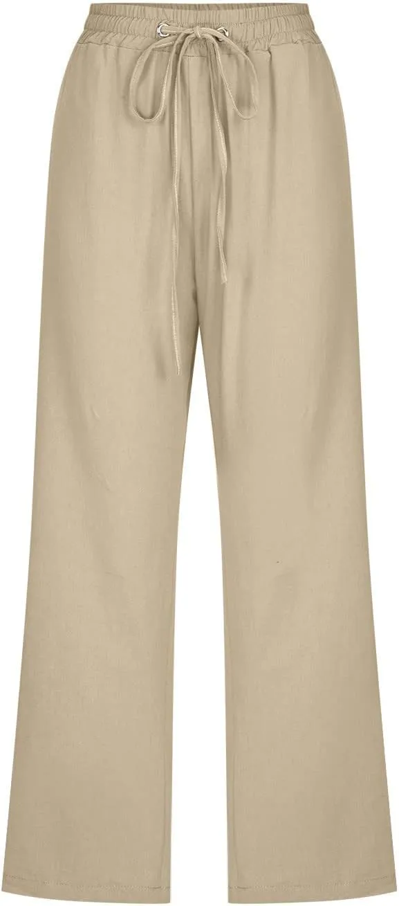 Capri Pants for Women Summer Drawstring Elastic High Waist Cotton Linen Pants Plus Size Loose Lounge Beach Trousers