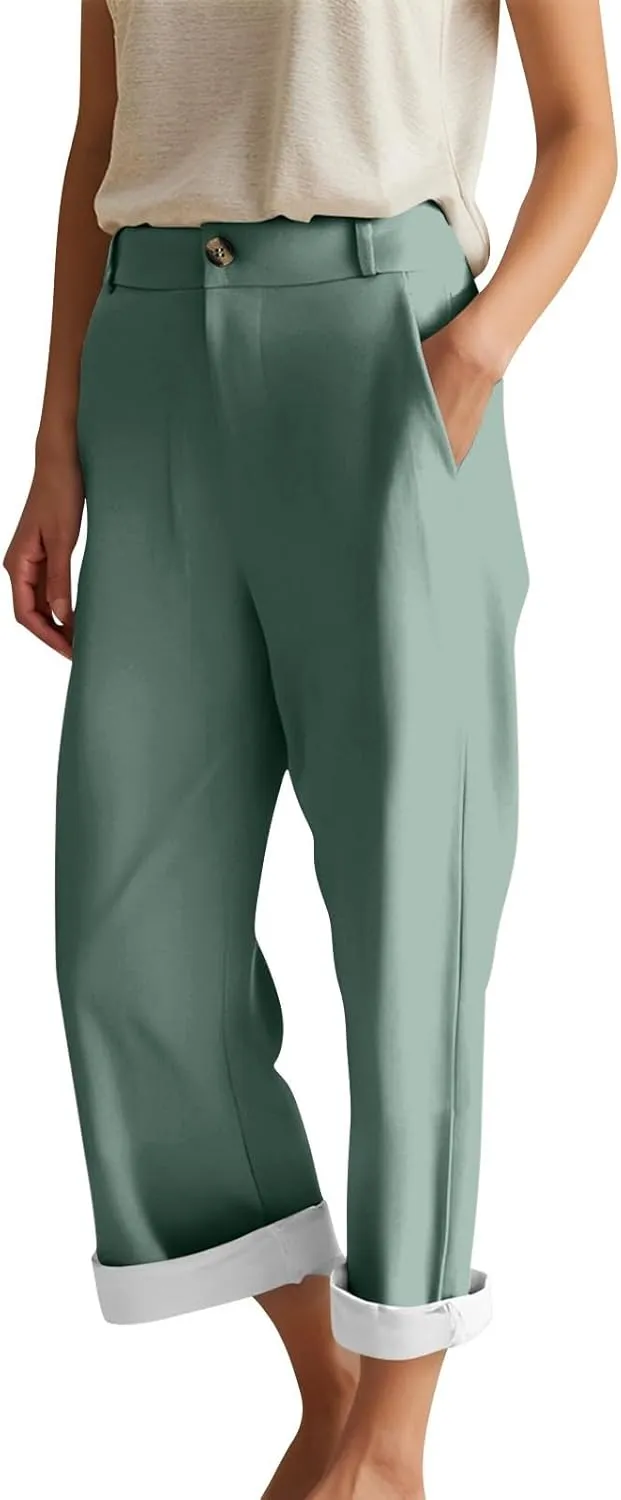Capri Summer Linen Pants for Women Short Elastic Waist Casual Comfy Trendy Capris Cropped Trouser Beach Clothes