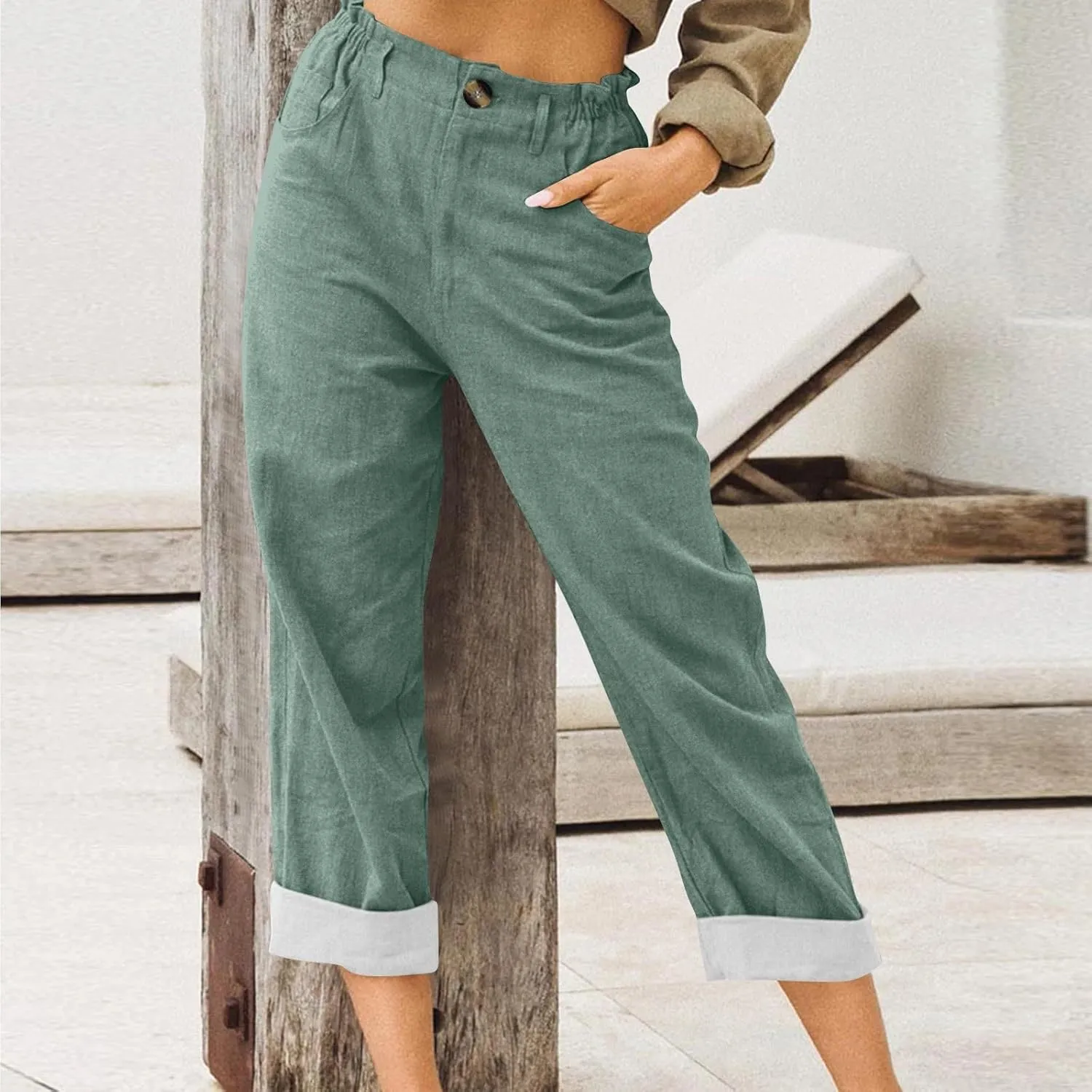 Capri Summer Linen Pants for Women Short Elastic Waist Casual Comfy Trendy Capris Cropped Trouser Beach Clothes