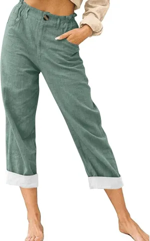 Capri Summer Linen Pants for Women Short Elastic Waist Casual Comfy Trendy Capris Cropped Trouser Beach Clothes