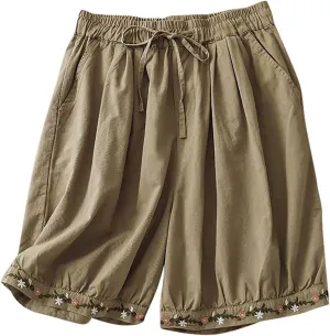 Casual Linen Shorts for Women High Waisted Wide Leg Drawstring Shorts Summer Embroidery Beach Shorts 2025 Outfit