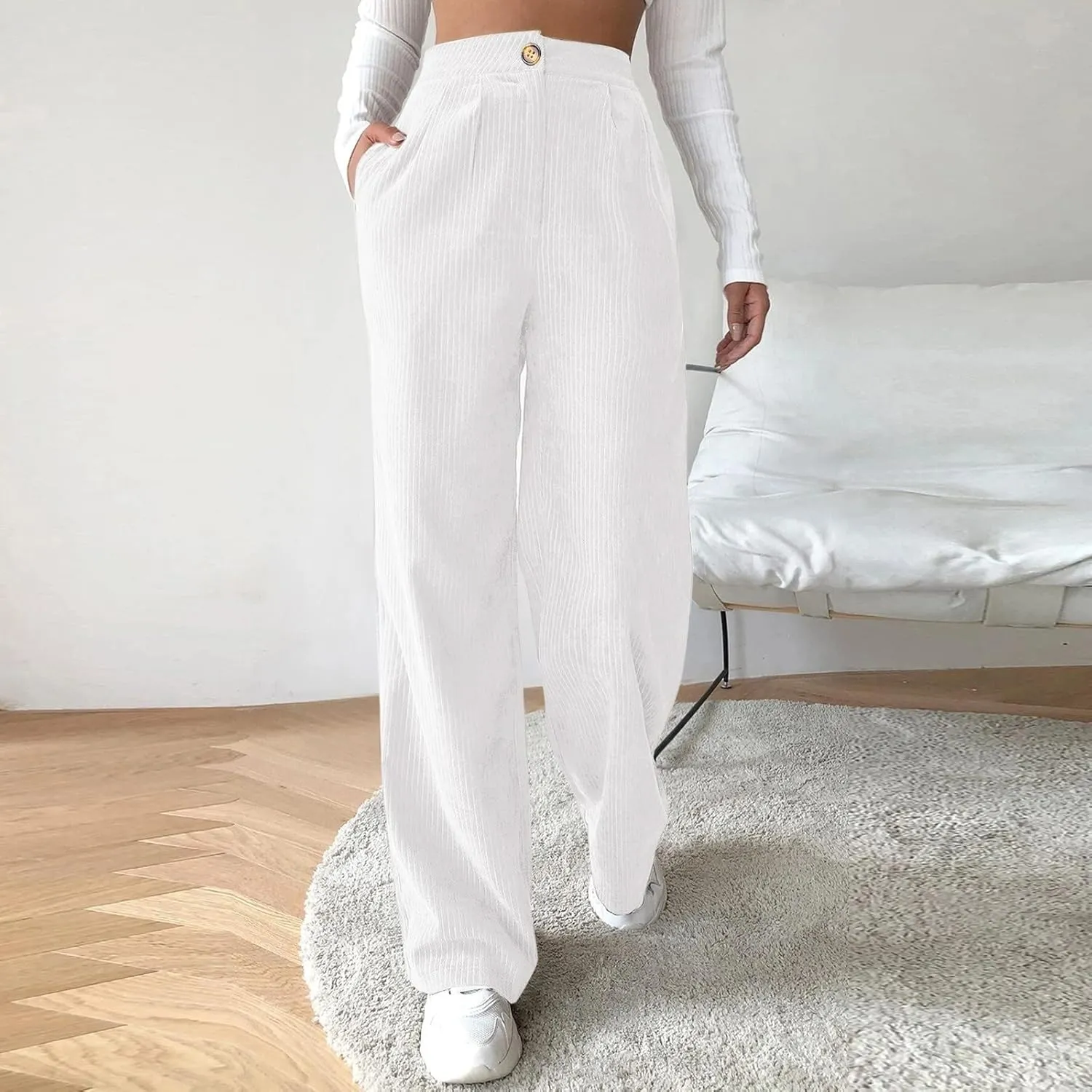 Casual Straight Pants for Women Solid Color Wide Leg Baggy Pant Loose Fit High Rise Elastic Waist Trouser with Pocket