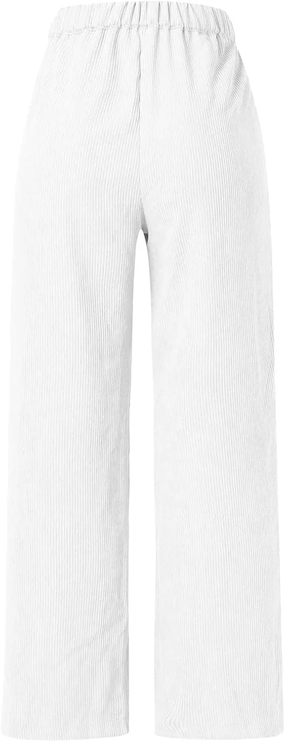 Casual Straight Pants for Women Solid Color Wide Leg Baggy Pant Loose Fit High Rise Elastic Waist Trouser with Pocket