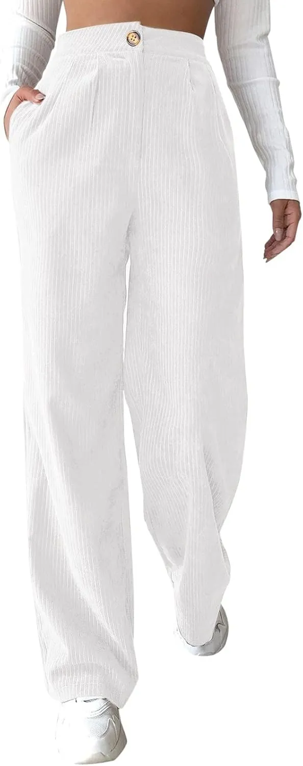 Casual Straight Pants for Women Solid Color Wide Leg Baggy Pant Loose Fit High Rise Elastic Waist Trouser with Pocket