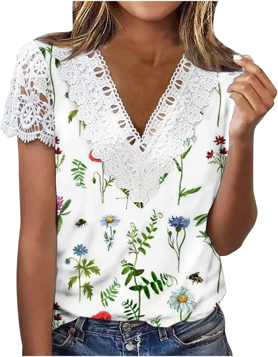 Ceboyel Women Guipure Lace Trim Boho Tops Floral Print Casual T Shirts Short Sleeve V Neck Dressy Blouse Going Out Clothing