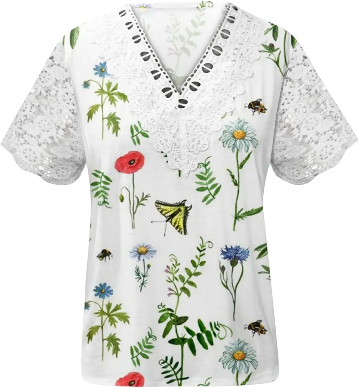 Ceboyel Women Guipure Lace Trim Boho Tops Floral Print Casual T Shirts Short Sleeve V Neck Dressy Blouse Going Out Clothing