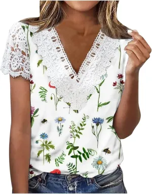 Ceboyel Women Guipure Lace Trim Boho Tops Floral Print Casual T Shirts Short Sleeve V Neck Dressy Blouse Going Out Clothing