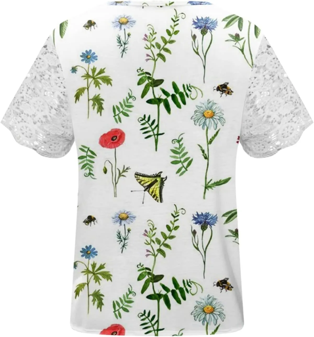 Ceboyel Women Guipure Lace Trim Boho Tops Floral Print Casual T Shirts Short Sleeve V Neck Dressy Blouse Going Out Clothing