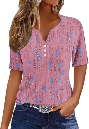 Ceboyel Womens Floral Print Summer Tops 2024 Dressy Causal Blouses Short Sleeve Henley Shirts Trendy Ladies Clothes