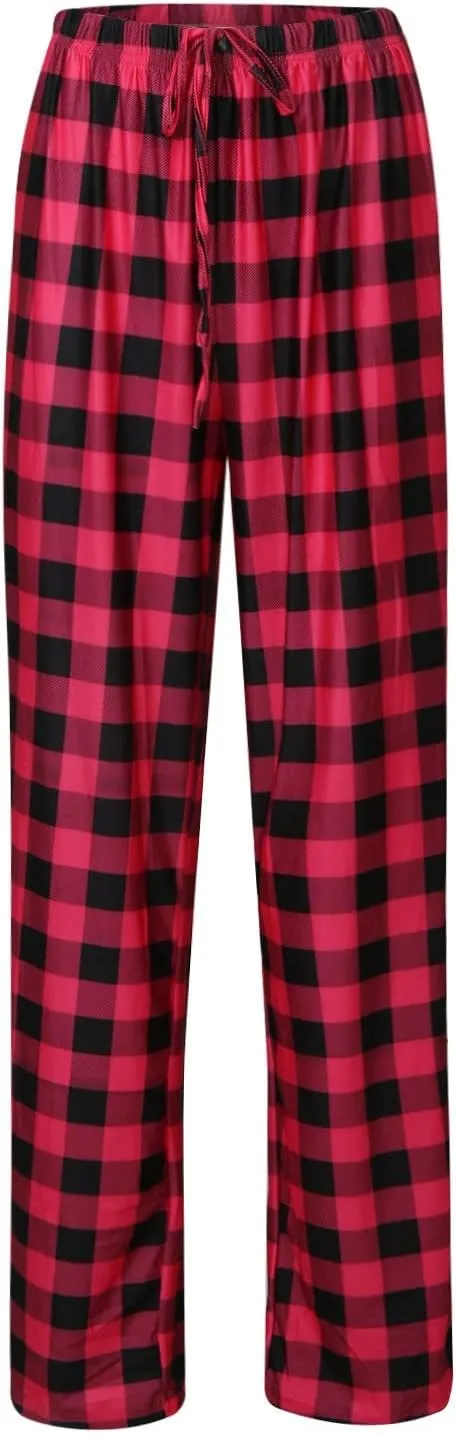 Christmas Pants for Women Buffalo Plaid High Waisted Sleep Trousers Elastic Waistband Straight Leg Loungewear Pants
