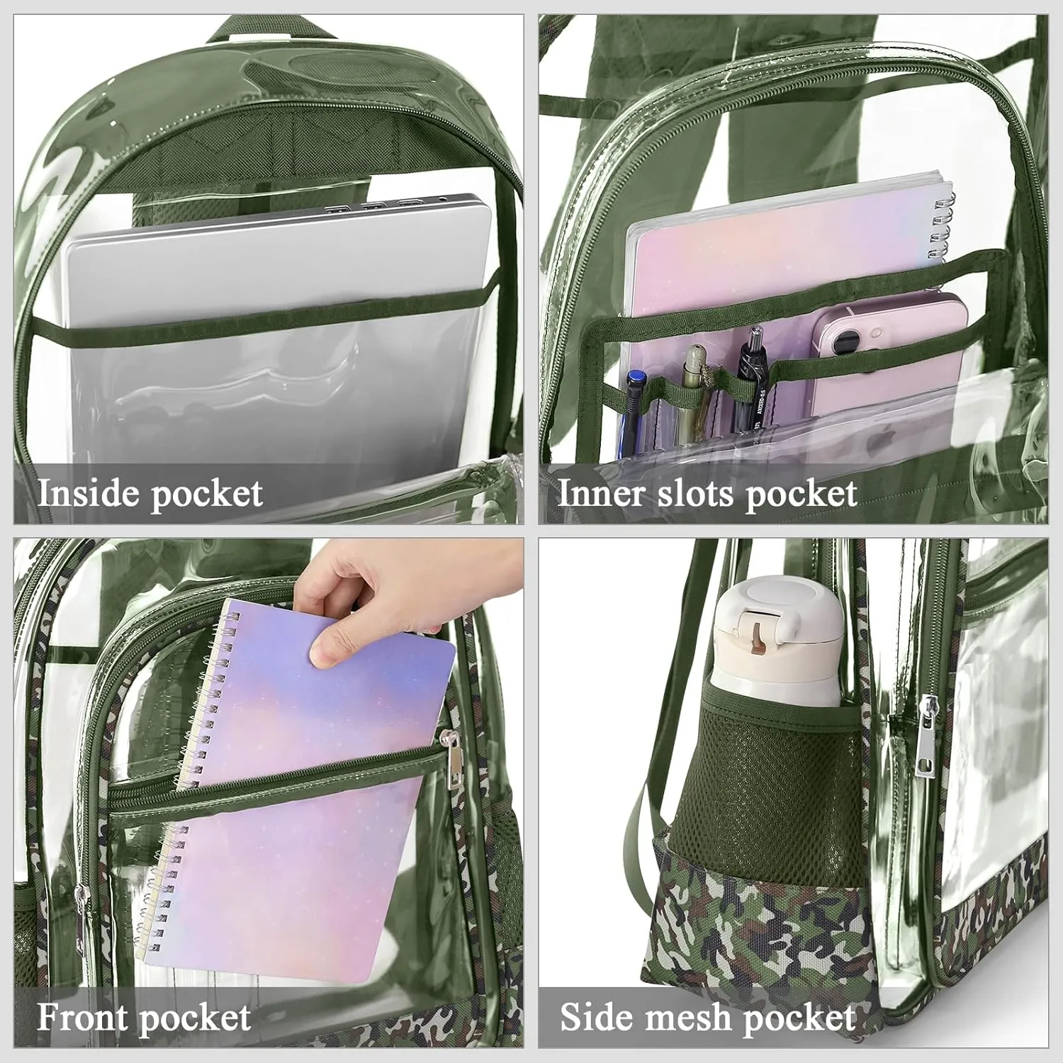Clear Backpack, Heavy Duty PVC Transparent Backpack with Reinforced Straps, See Through Multiple Pockets Large Capacity Bookbag for Concert Work Security Travel Festival (Camouflage)