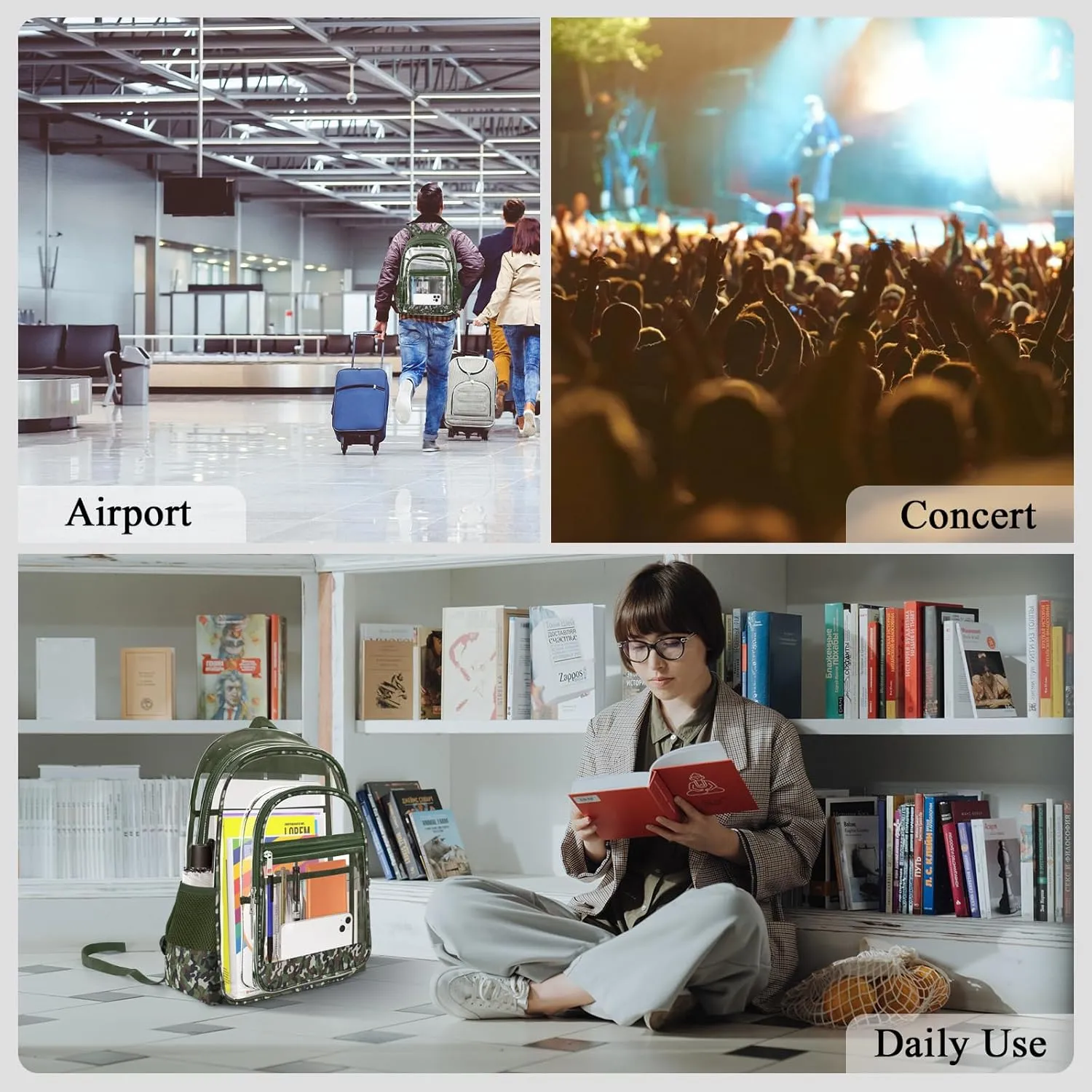 Clear Backpack, Heavy Duty PVC Transparent Backpack with Reinforced Straps, See Through Multiple Pockets Large Capacity Bookbag for Concert Work Security Travel Festival (Camouflage)