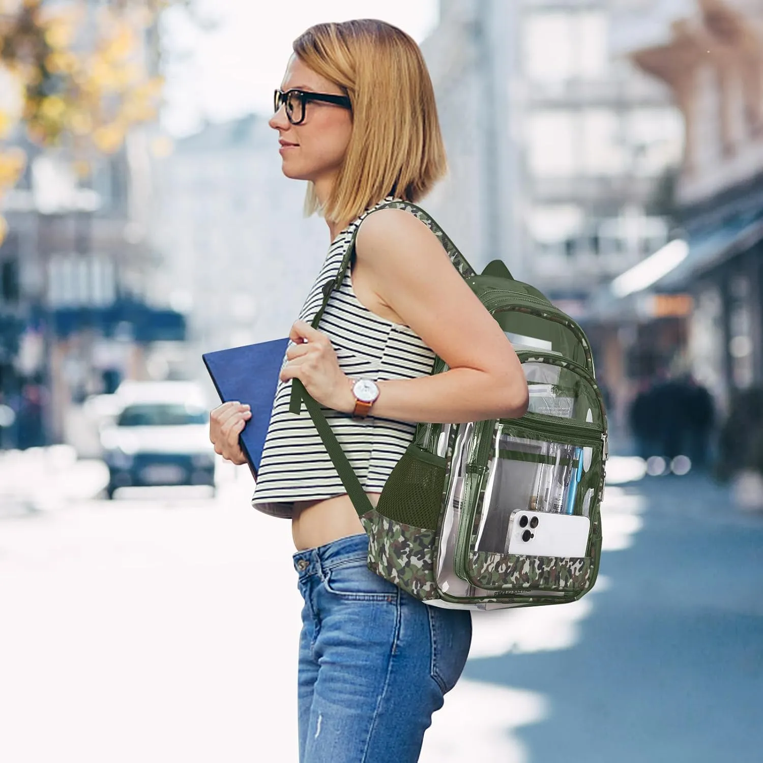Clear Backpack, Heavy Duty PVC Transparent Backpack with Reinforced Straps, See Through Multiple Pockets Large Capacity Bookbag for Concert Work Security Travel Festival (Camouflage)