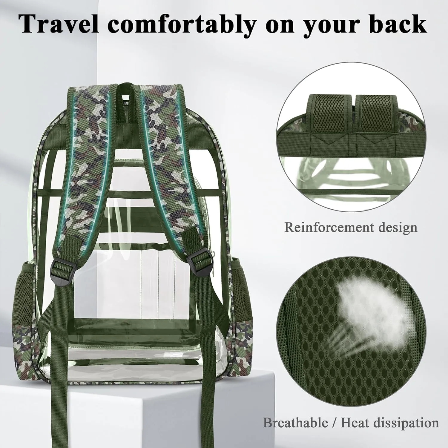 Clear Backpack, Heavy Duty PVC Transparent Backpack with Reinforced Straps, See Through Multiple Pockets Large Capacity Bookbag for Concert Work Security Travel Festival (Camouflage)