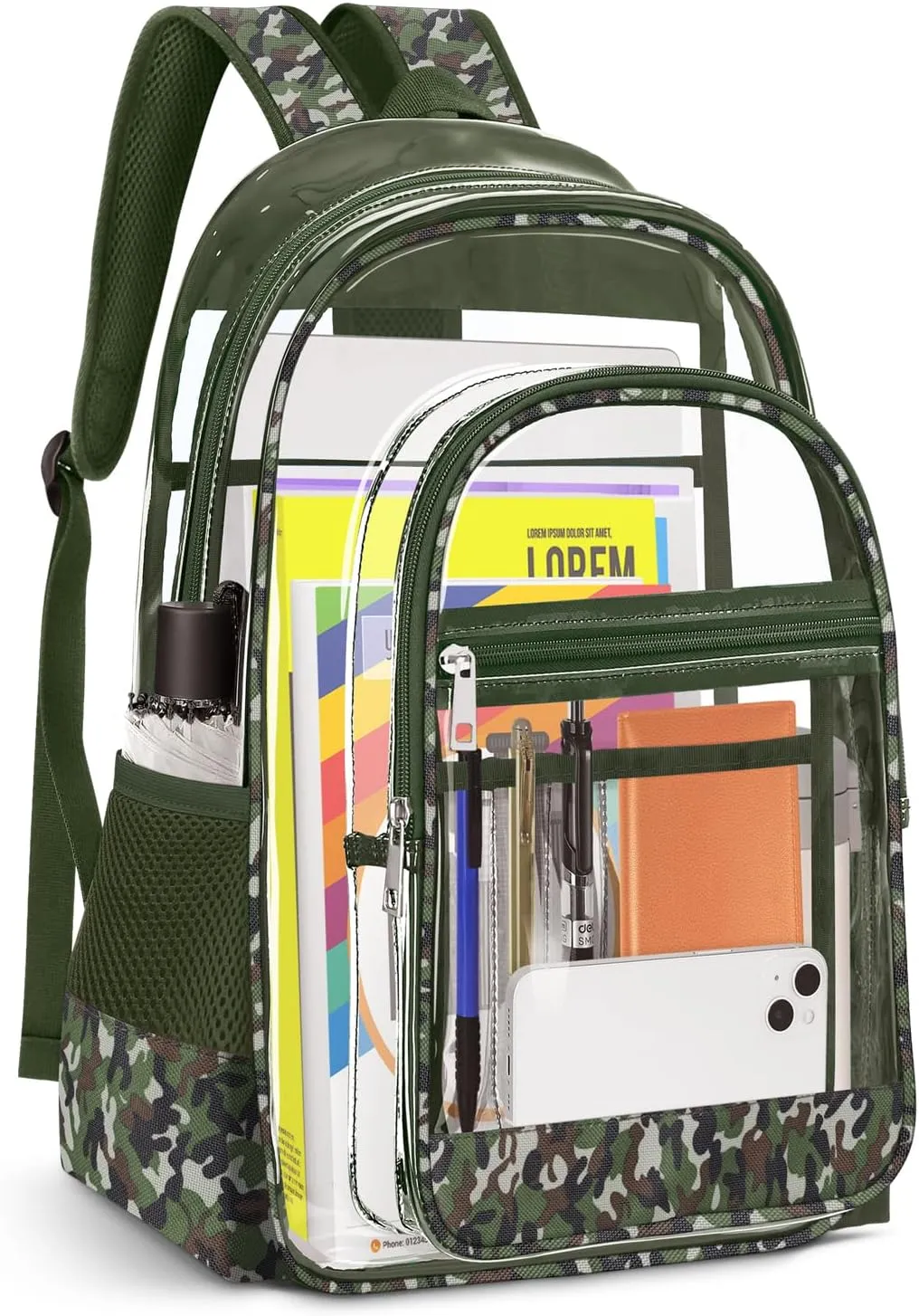 Clear Backpack, Heavy Duty PVC Transparent Backpack with Reinforced Straps, See Through Multiple Pockets Large Capacity Bookbag for Concert Work Security Travel Festival (Camouflage)