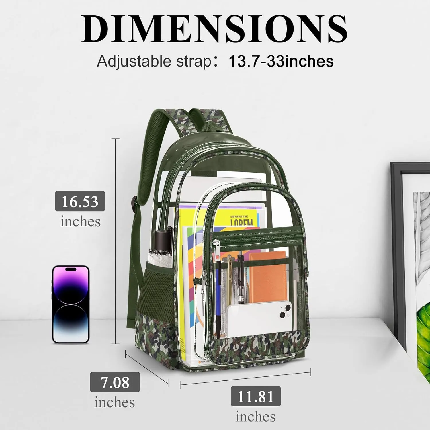 Clear Backpack, Heavy Duty PVC Transparent Backpack with Reinforced Straps, See Through Multiple Pockets Large Capacity Bookbag for Concert Work Security Travel Festival (Camouflage)