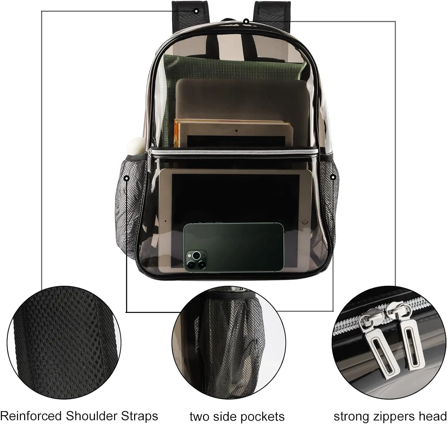 Clear Backpack Heavy Duty TPU Transparent Backpack for Sports,Work,Security Travel.(Black)