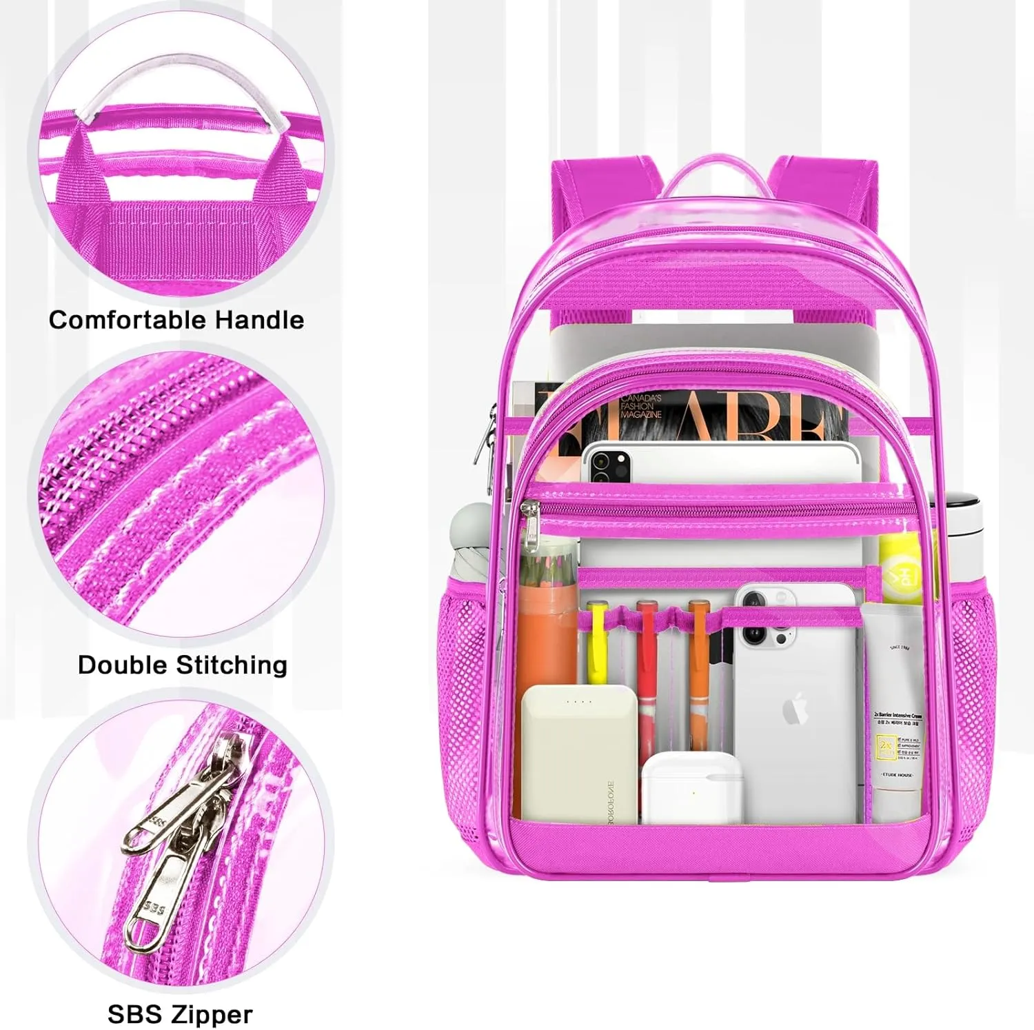 Clear Backpack,17" Large Heavy Duty Transparent Backpack with Multi-pockets See Through Bag for College, Travel, Workplace Security - Pink