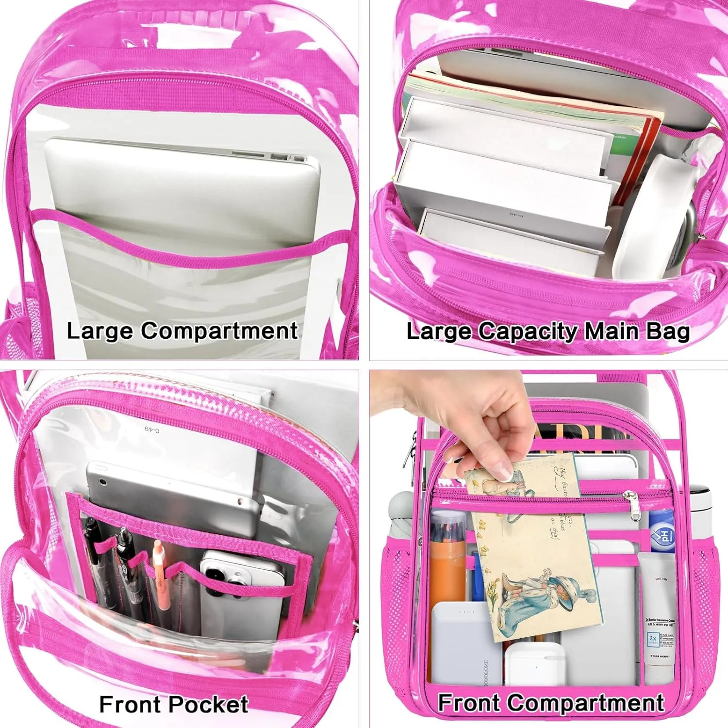 Clear Backpack,17" Large Heavy Duty Transparent Backpack with Multi-pockets See Through Bag for College, Travel, Workplace Security - Pink