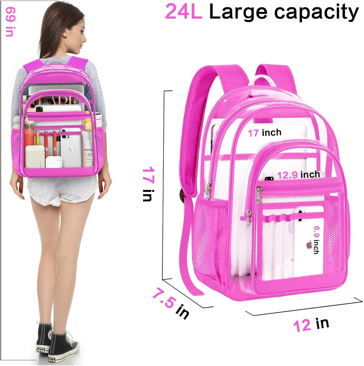 Clear Backpack,17" Large Heavy Duty Transparent Backpack with Multi-pockets See Through Bag for College, Travel, Workplace Security - Pink