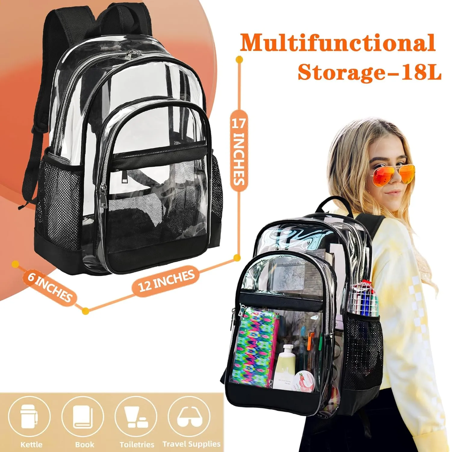 Clear Backpack,Heavy Duty Clear Bookbag See Through Backpack Large Clear Bag for School College Work Travel Security,Amber Coloured