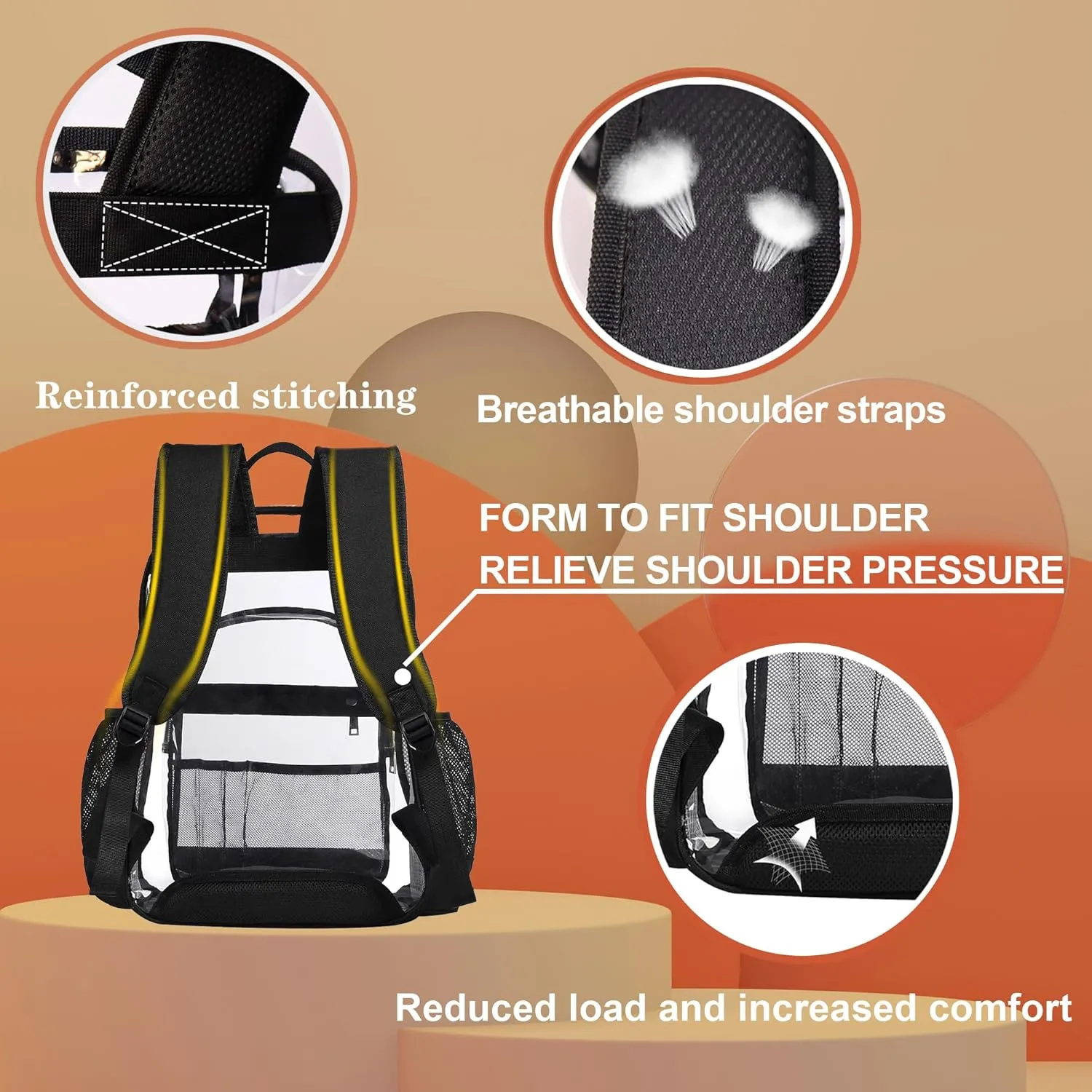 Clear Backpack,Heavy Duty Clear Bookbag See Through Backpack Large Clear Bag for School College Work Travel Security,Amber Coloured