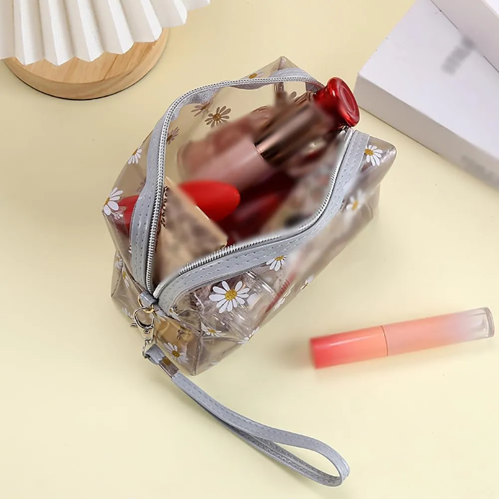 Clear Flower Makeup Bags Transparent Floral Cosmetic Bag Daisy Zippered Pouches Portable Waterproof Toiletry Bags Travel Vacation Bathroom Organizer with Handle Strap for Women Girls Hot Pink