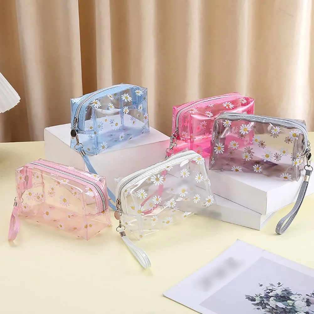 Clear Flower Makeup Bags Transparent Floral Cosmetic Bag Daisy Zippered Pouches Portable Waterproof Toiletry Bags Travel Vacation Bathroom Organizer with Handle Strap for Women Girls Hot Pink