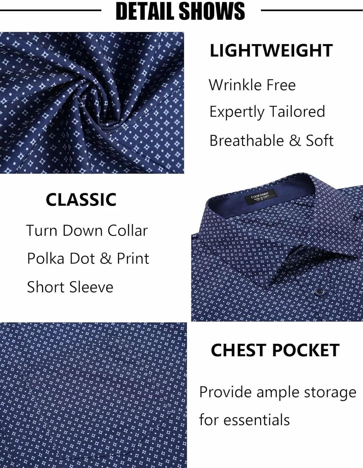 COOFANDY Mens Short Sleeve Button Down Shirts Wrinkle Free Dress Shirts Casual Polka Dot Print Shirt with Pocket