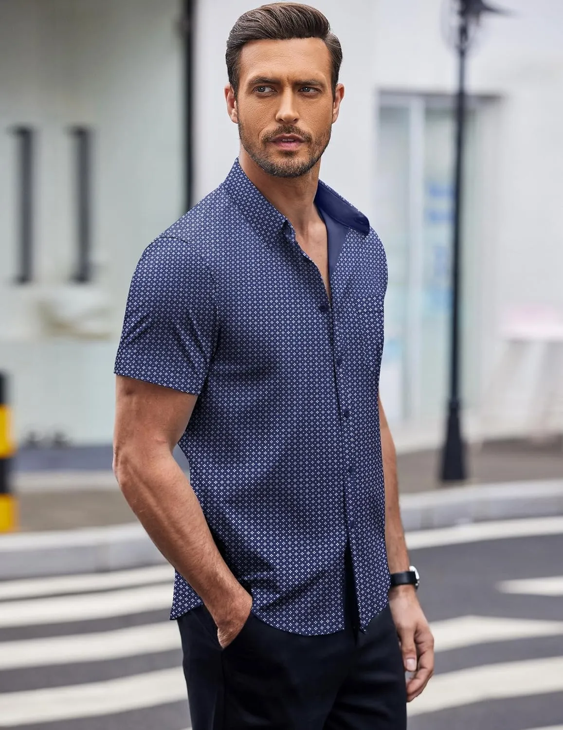 COOFANDY Mens Short Sleeve Button Down Shirts Wrinkle Free Dress Shirts Casual Polka Dot Print Shirt with Pocket