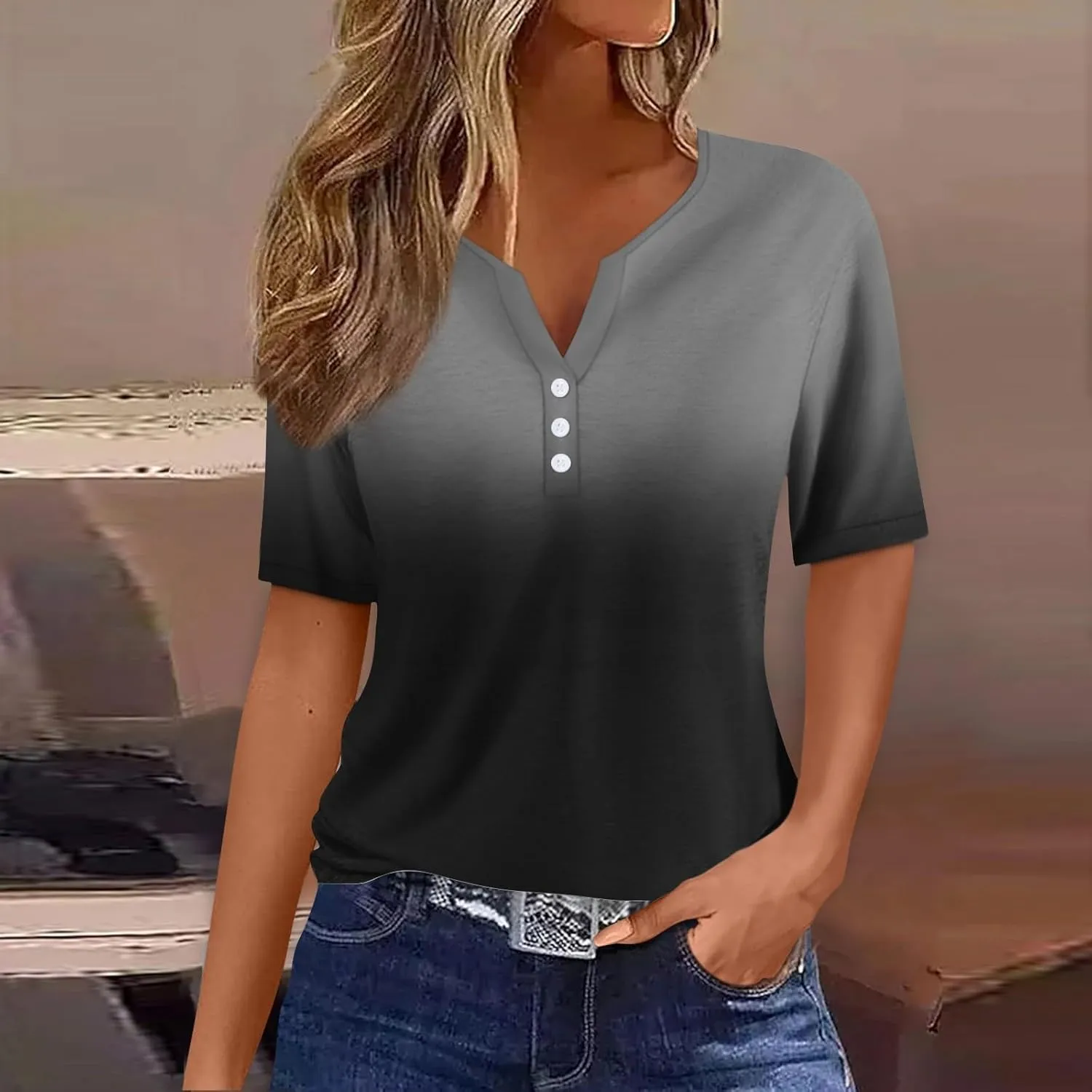 COTECRAM Summer Tops for Women 2024 Short Sleeve Button V Neck Tshirts Trendy Dressy Casual Blouses Loose Fit Graphic Tunics