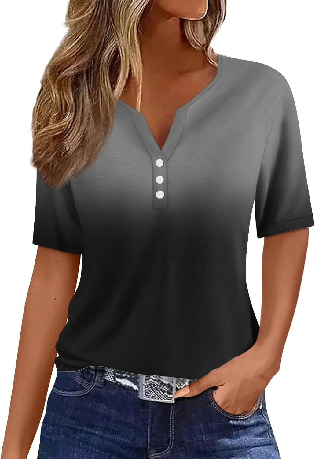 COTECRAM Summer Tops for Women 2024 Short Sleeve Button V Neck Tshirts Trendy Dressy Casual Blouses Loose Fit Graphic Tunics