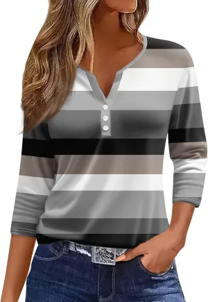 COTECRAM Tops for Women 2024 Summer Casual 3/4 Length Sleeve Button V Neck T Shirts Boho Floral Graphic Tees Loose Tunics