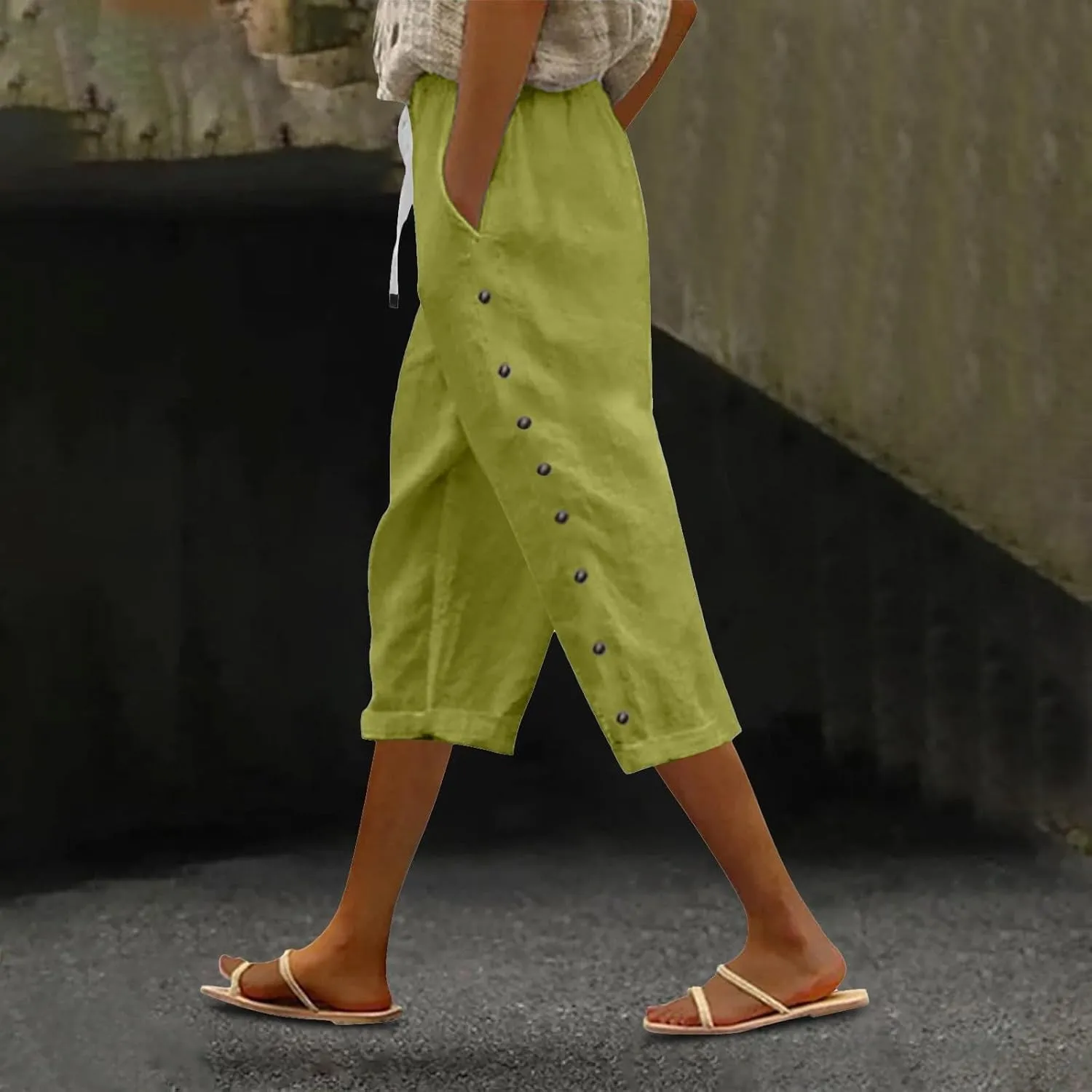Cotton Linen Pants for Women Casual 2025 Summer Elastic Waist Capris Pants Trendy Straight Wide Leg Cropped Trouser