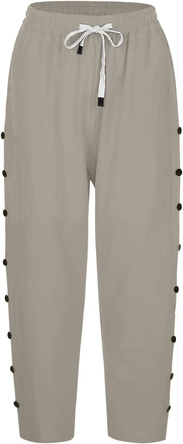Cotton Linen Pants for Women Casual 2025 Summer Elastic Waist Capris Pants Trendy Straight Wide Leg Cropped Trouser