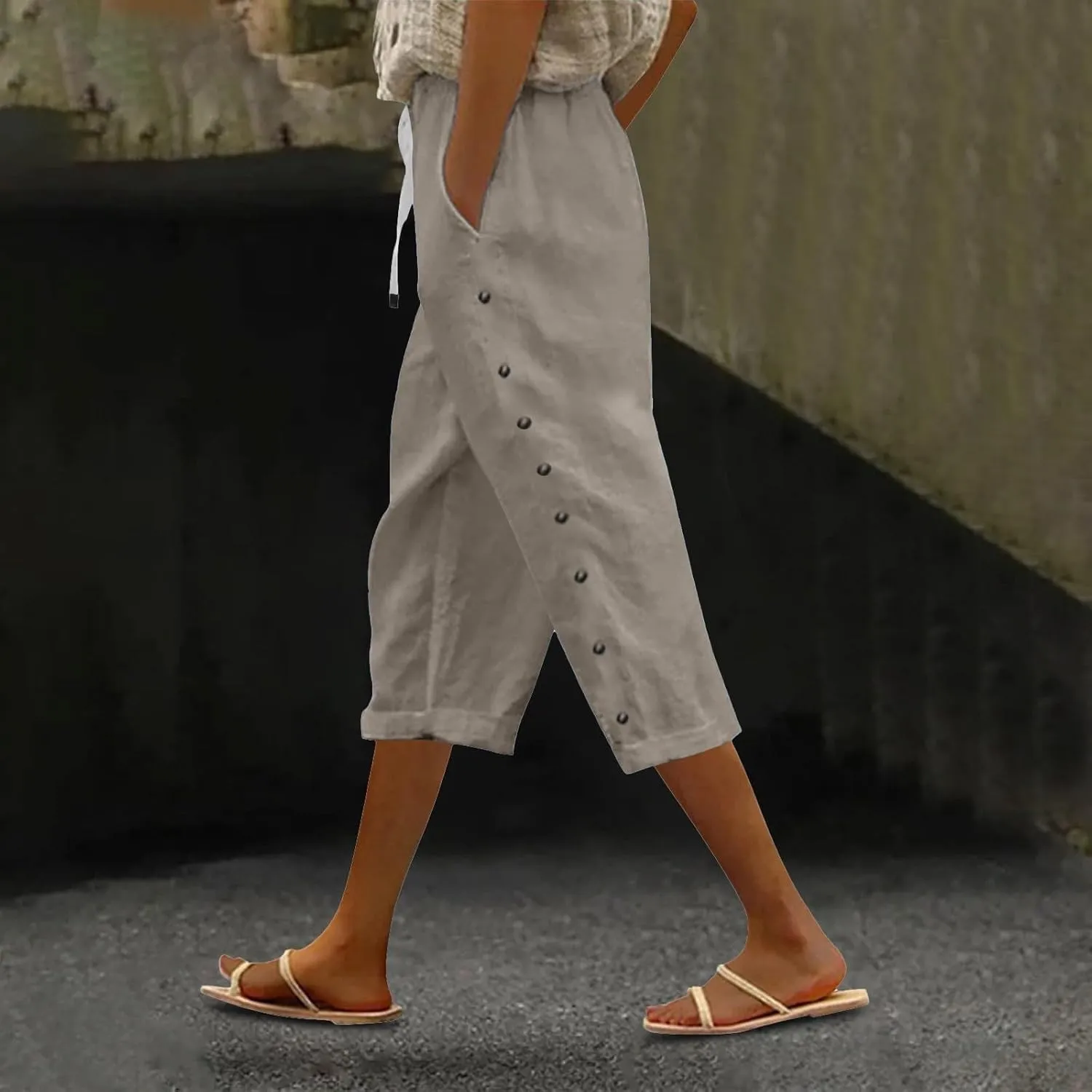 Cotton Linen Pants for Women Casual 2025 Summer Elastic Waist Capris Pants Trendy Straight Wide Leg Cropped Trouser