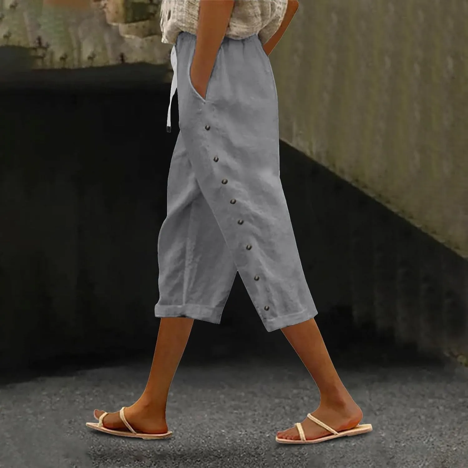 Cotton Linen Pants for Women Casual 2025 Summer Elastic Waist Capris Pants Trendy Straight Wide Leg Cropped Trouser