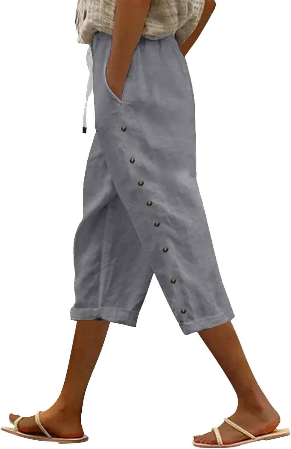 Cotton Linen Pants for Women Casual 2025 Summer Elastic Waist Capris Pants Trendy Straight Wide Leg Cropped Trouser