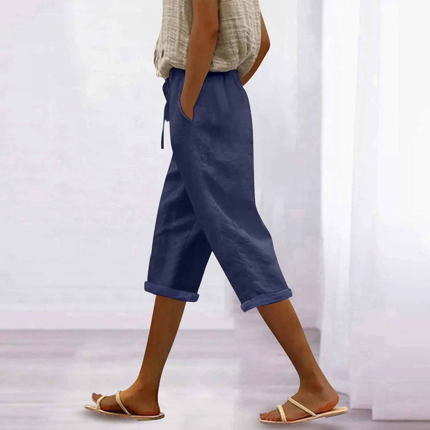 Cotton Linen Pants for Women Casual 2025 Summer Elastic Waist Capris Pants Trendy Straight Wide Leg Cropped Trouser