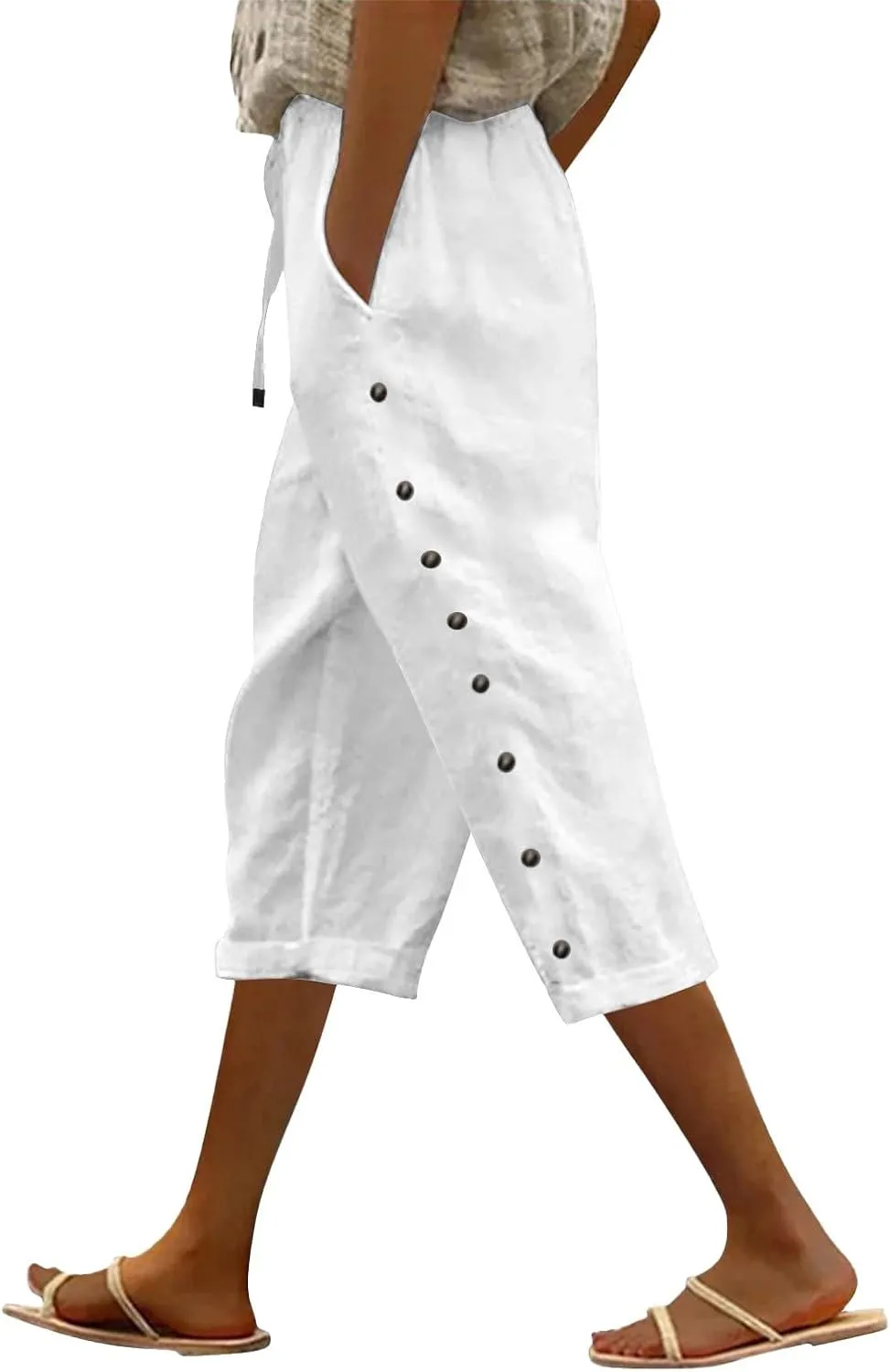 Cotton Linen Pants for Women Casual 2025 Summer Elastic Waist Capris Pants Trendy Straight Wide Leg Cropped Trouser