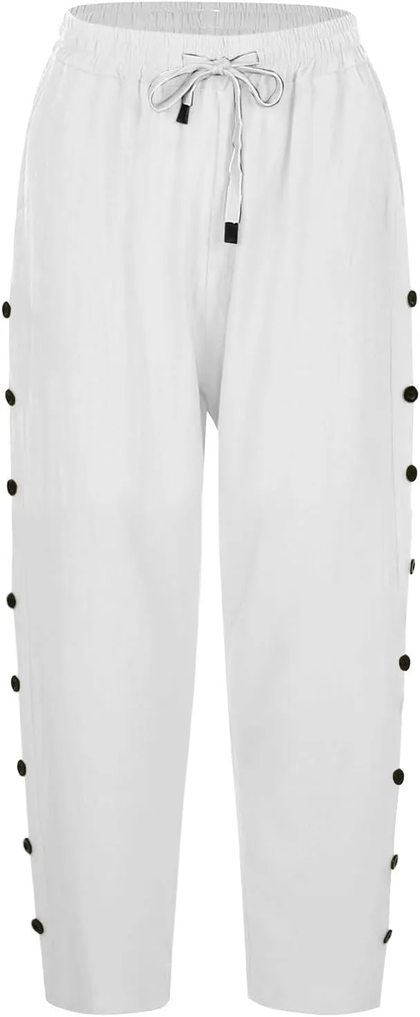 Cotton Linen Pants for Women Casual 2025 Summer Elastic Waist Capris Pants Trendy Straight Wide Leg Cropped Trouser