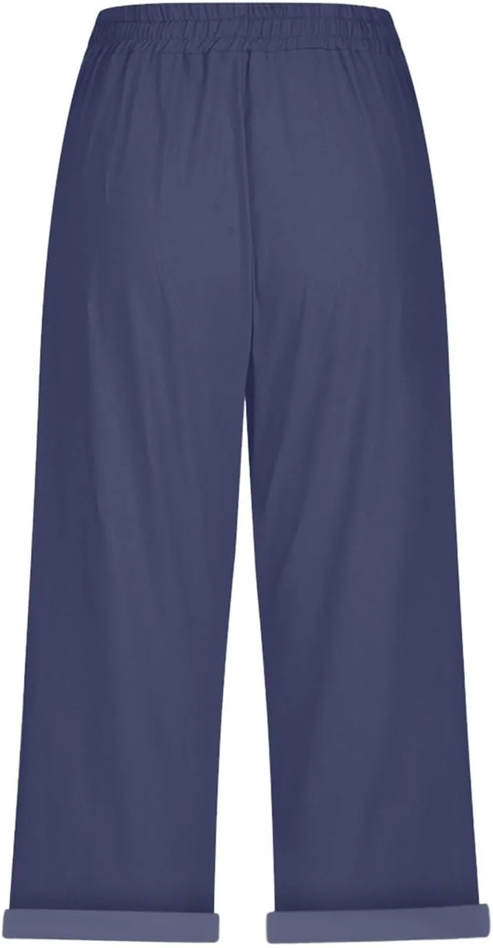 Cotton Linen Pants for Women Casual 2025 Summer Elastic Waist Capris Pants Trendy Straight Wide Leg Cropped Trouser