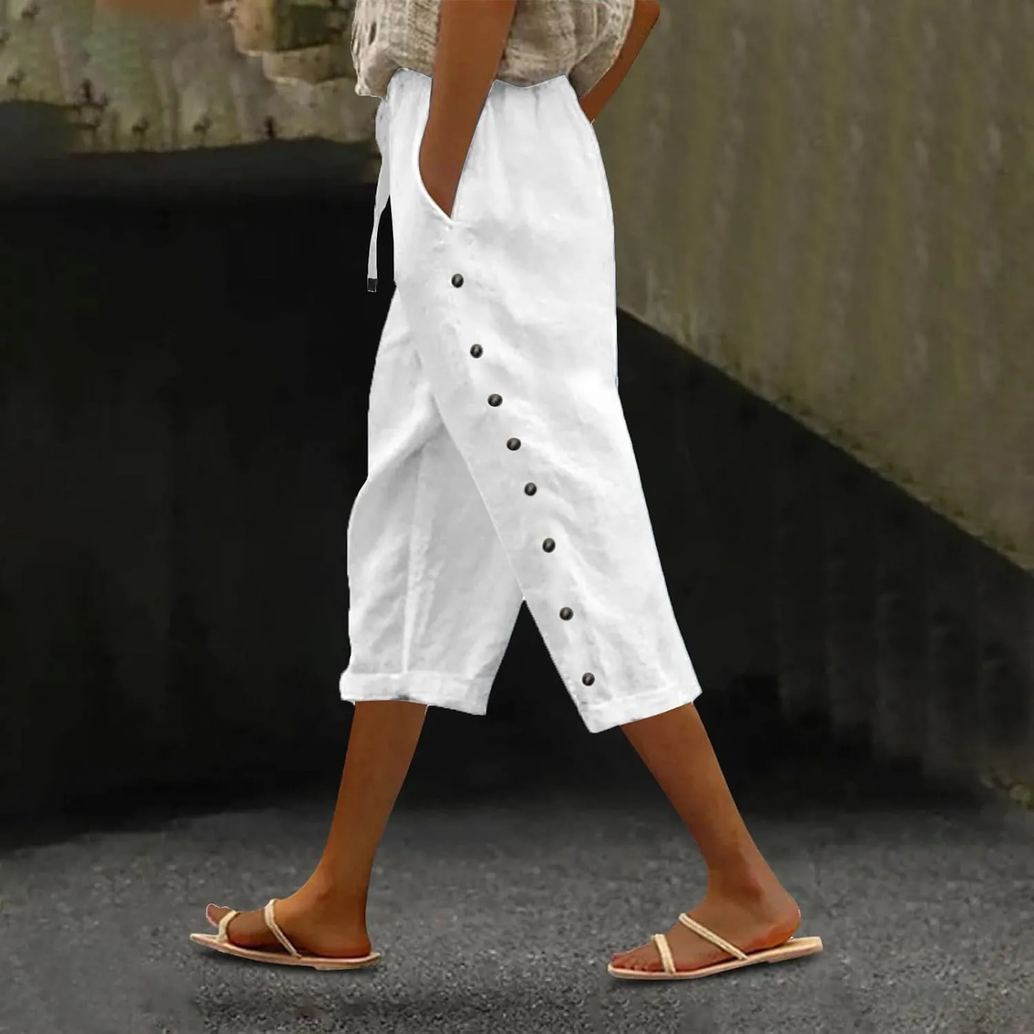 Cotton Linen Pants for Women Casual 2025 Summer Elastic Waist Capris Pants Trendy Straight Wide Leg Cropped Trouser