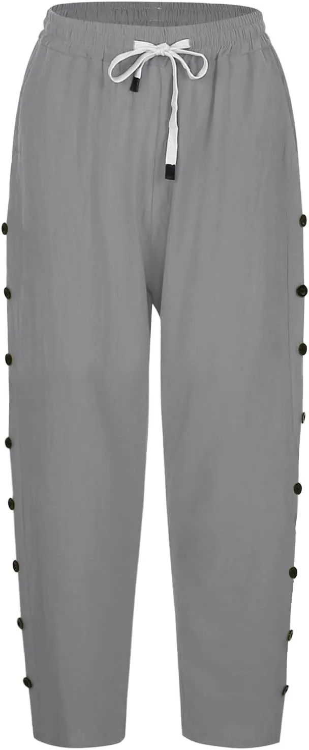 Cotton Linen Pants for Women Casual 2025 Summer Elastic Waist Capris Pants Trendy Straight Wide Leg Cropped Trouser