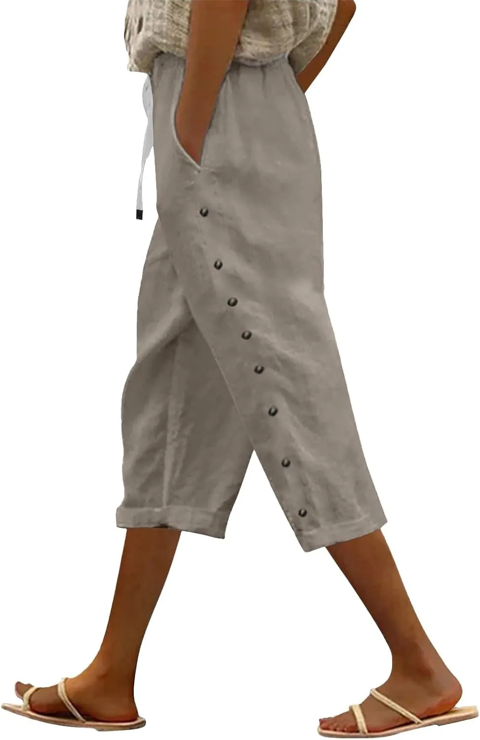 Cotton Linen Pants for Women Casual 2025 Summer Elastic Waist Capris Pants Trendy Straight Wide Leg Cropped Trouser