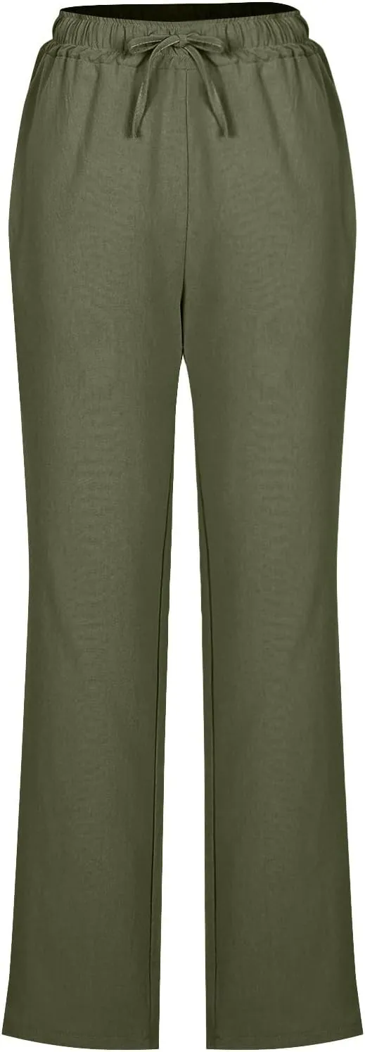 Cotton Linen Pants for Women Casual Summer Wide Leg Pants Drawstring High Waist Straight Leg Trousers with Pockets