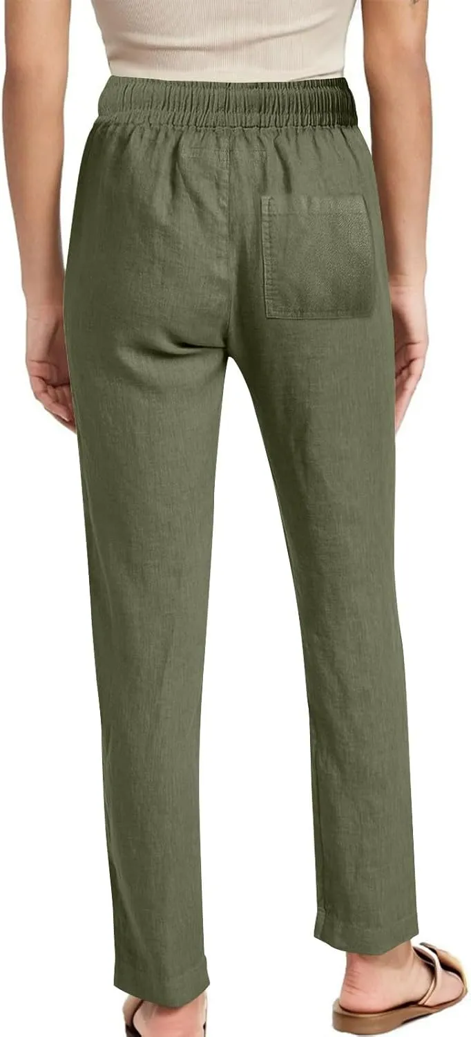 Cotton Linen Pants for Women Casual Summer Wide Leg Pants Drawstring High Waist Straight Leg Trousers with Pockets