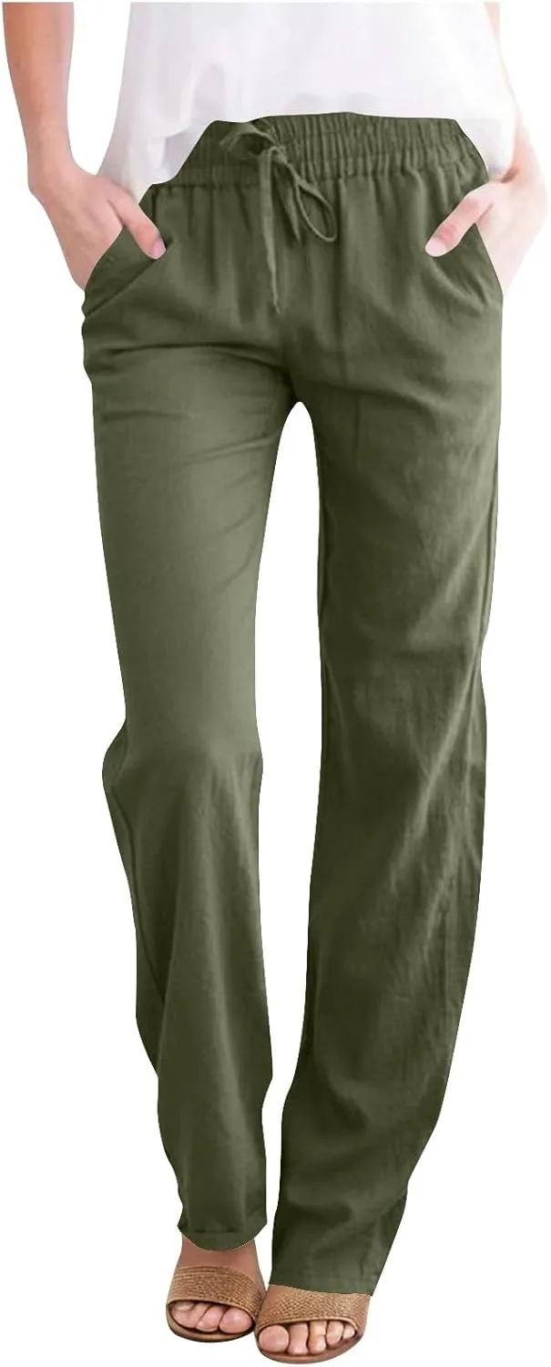 Cotton Linen Pants for Women Casual Summer Wide Leg Pants Drawstring High Waist Straight Leg Trousers with Pockets
