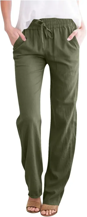 Cotton Linen Pants for Women Casual Summer Wide Leg Pants Drawstring High Waist Straight Leg Trousers with Pockets