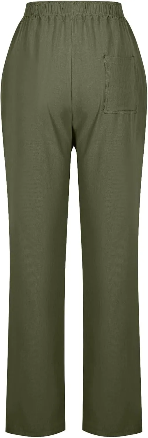 Cotton Linen Pants for Women Casual Summer Wide Leg Pants Drawstring High Waist Straight Leg Trousers with Pockets